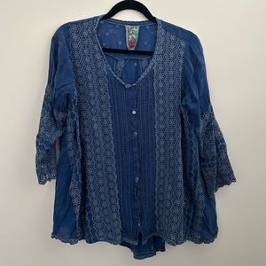 Johnny Was Blue Embroidered Blouse